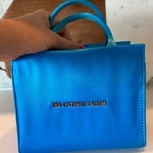 Brandon Blackwood “End Systemic Racism” satin blue tote